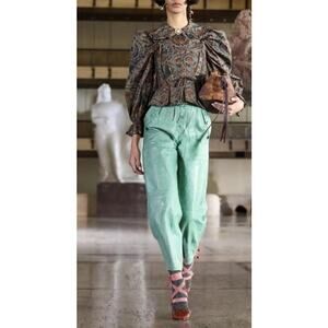 NWD Ulla Johnson Lichen Green Leather High Rise Jupiter Cropped Pants Womens 4